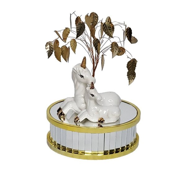 Vintage 70s 80s Unicorn Music Box Mom Baby Metal Tree Rotates White Gold Fantasy - Picture 1 of 7